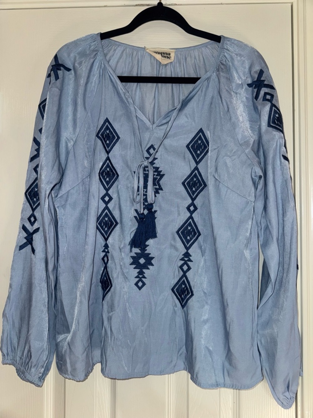 Savanna Jane Light Blue Peasant Blouse with Dark Blue Embroidery